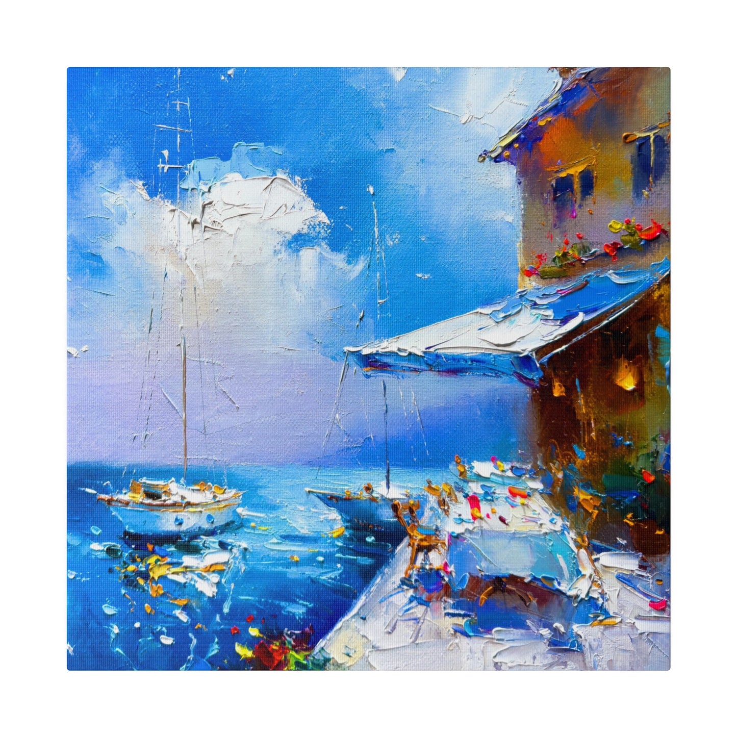 Seaside Vista, Terrace with Sailboats in View - Canvas