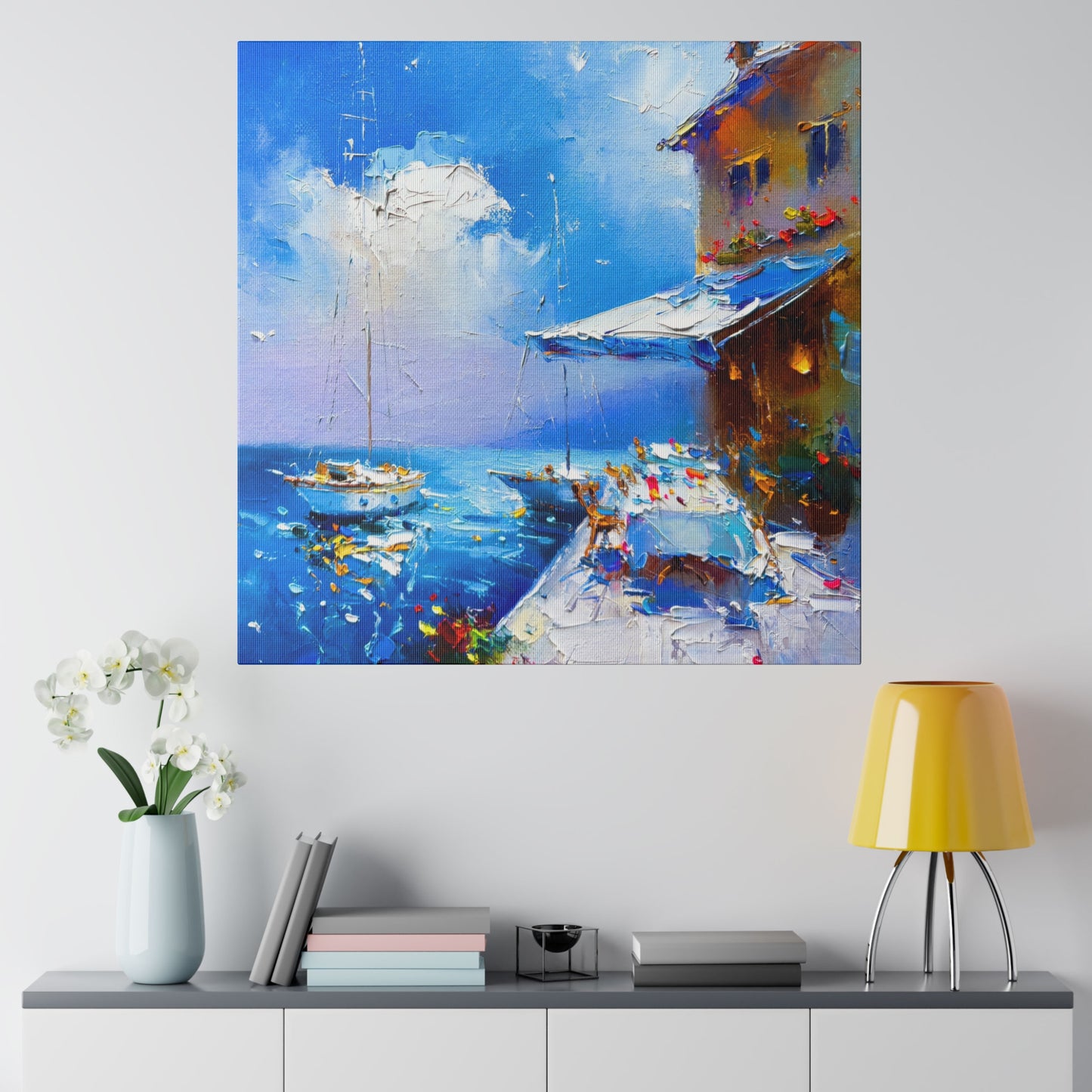 Seaside Vista, Terrace with Sailboats in View - Canvas