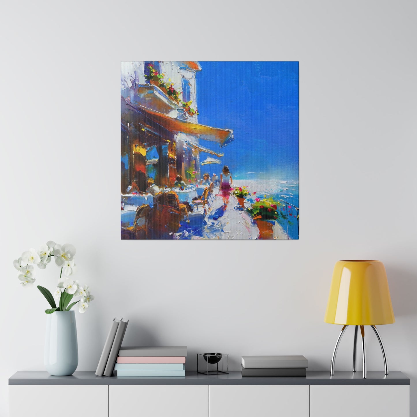 Ocean Breeze Elegance: A Lady's Terrace Tale - Canvas