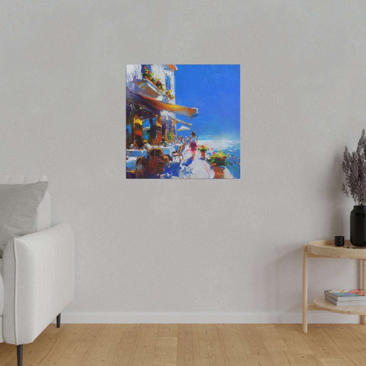 Ocean Breeze Elegance: A Lady's Terrace Tale - Canvas