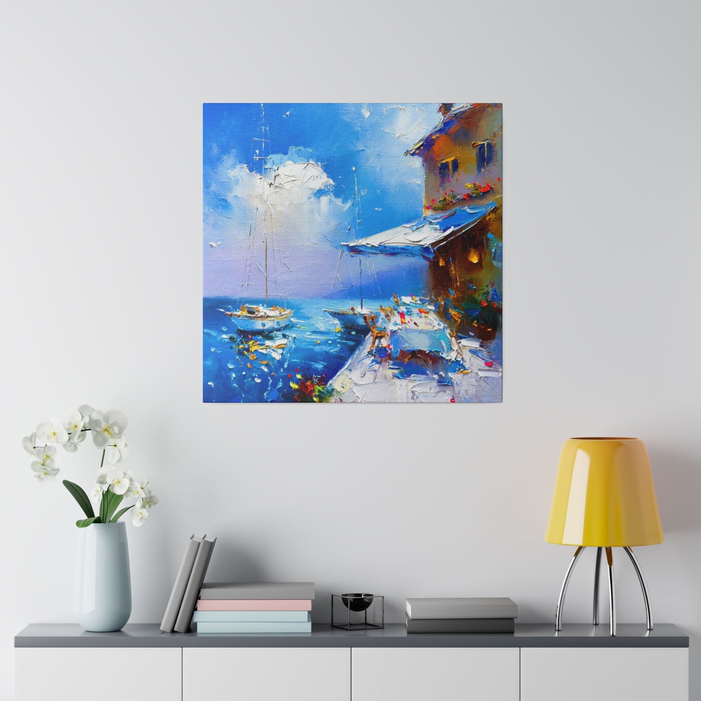 Seaside Vista, Terrace with Sailboats in View - Canvas