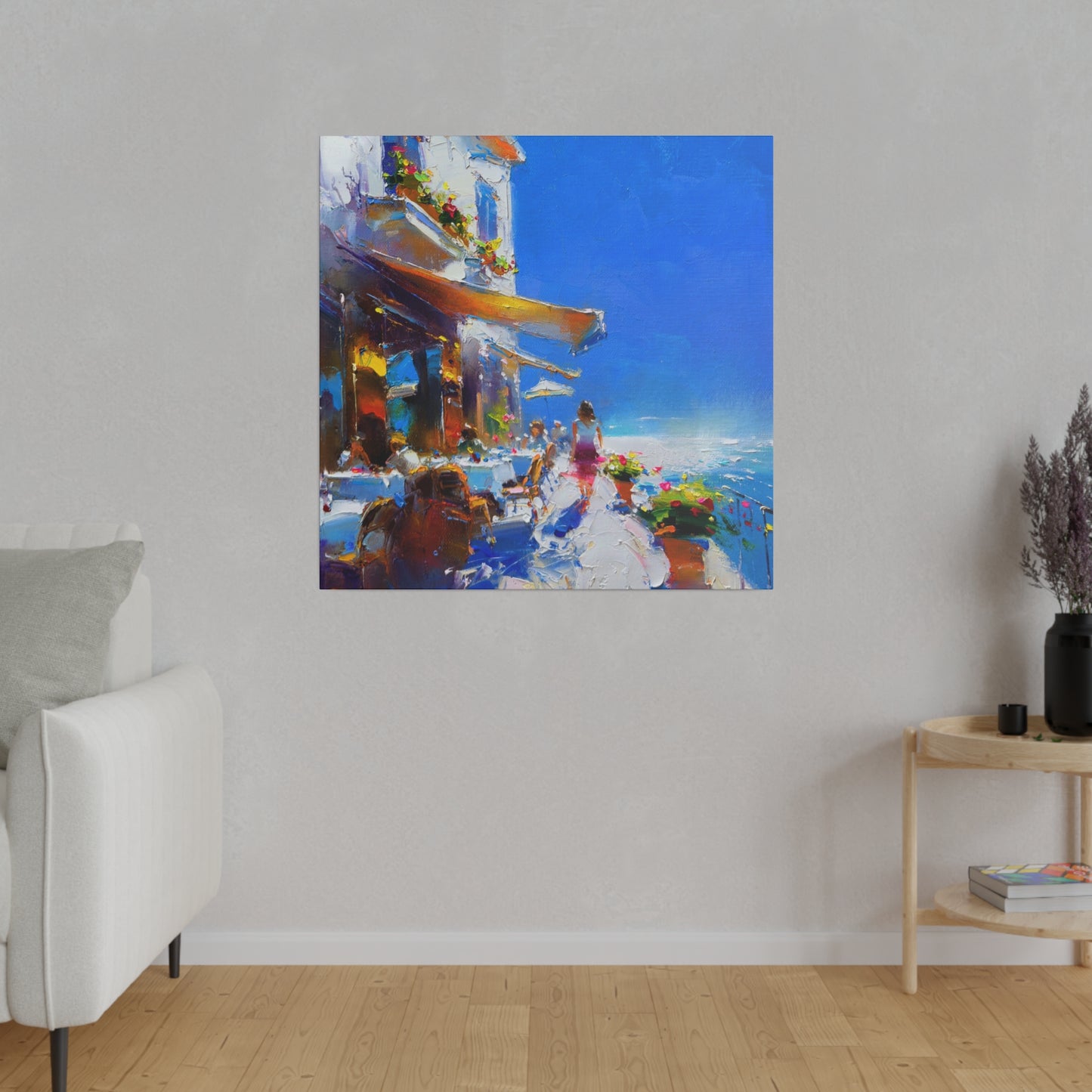 Ocean Breeze Elegance: A Lady's Terrace Tale - Canvas