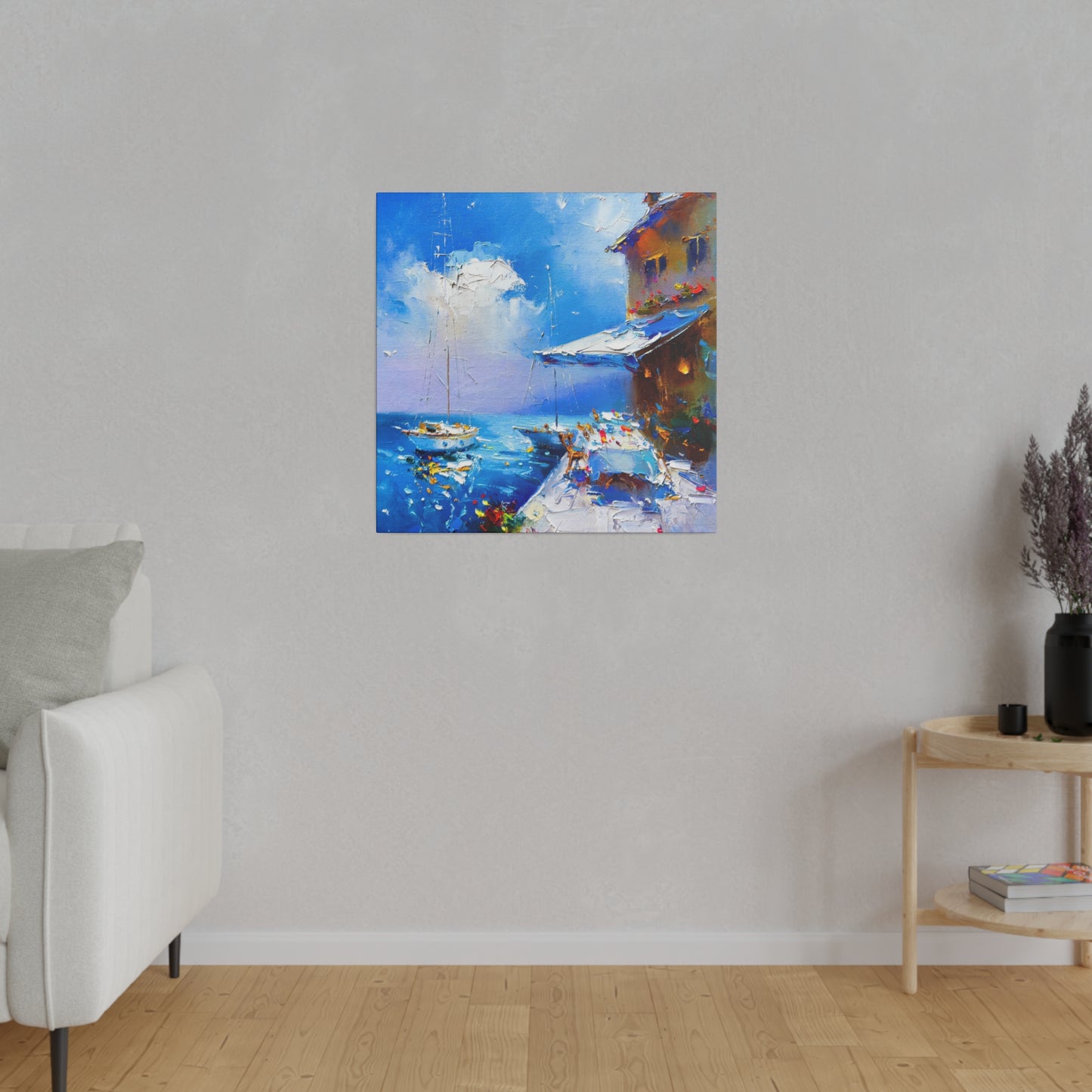Seaside Vista, Terrace with Sailboats in View - Canvas